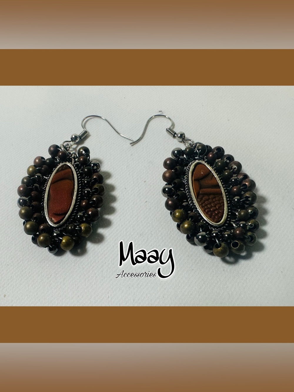 Brown Beaded Oval Drop Earrings
